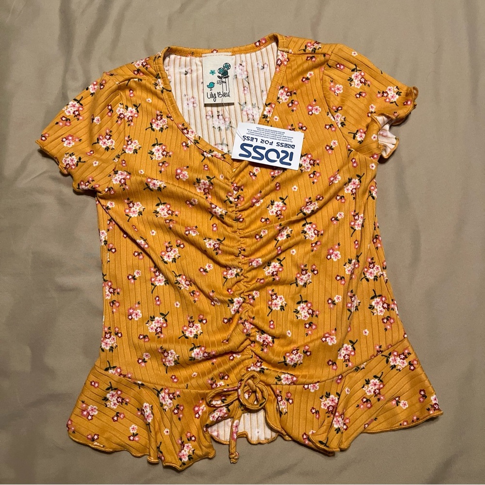 Lily Bleu Gold Floral Print Small 7/8 Girls Top Polyspandex Send Offer